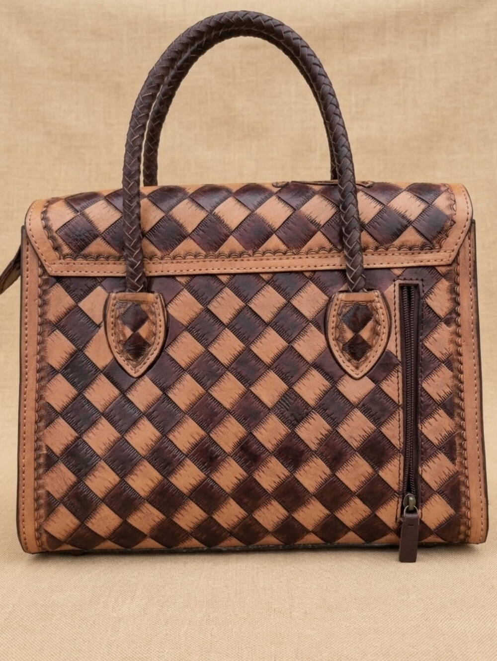 Genuine Leather Hand-Tooled Floral & Checkered Weapon Carry Satchel NWOT - Picture 2 of 8